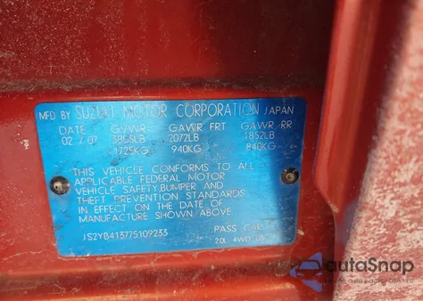 2007 Suzuki Sx4 Convenience/Rally from USA, damaged, VIN JS2YB413775109233